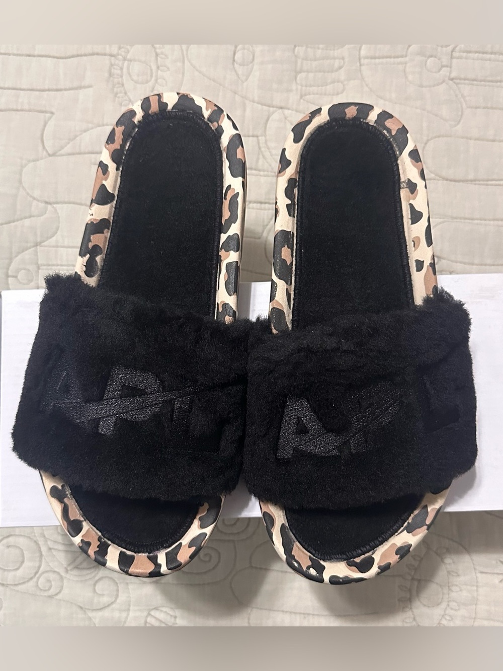 APL Shearling Slides Black Leopard Sandals Sz 7 NIB MSRP $195